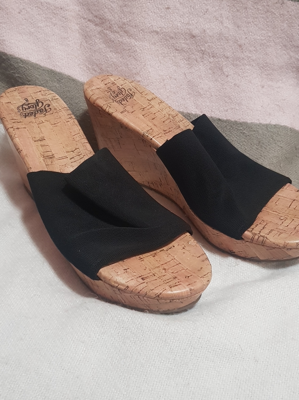 Faded Glory Black Cork Wedge Slide Sandals